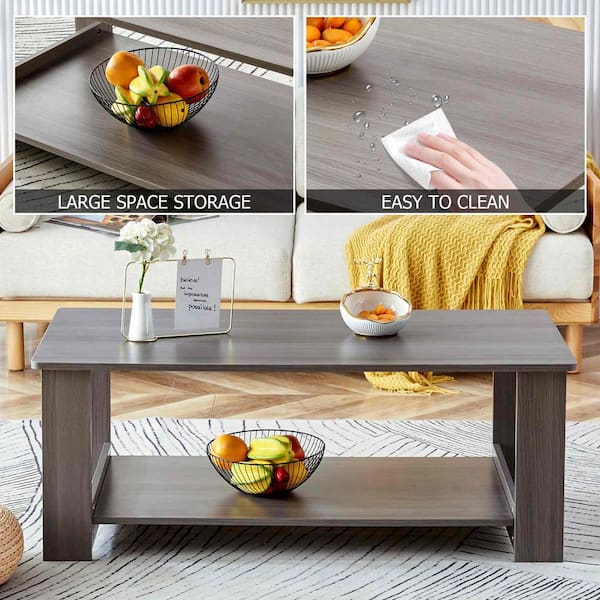 43.3 in. Gray Rectangle Wood Coffee Table with Finished, Shelves