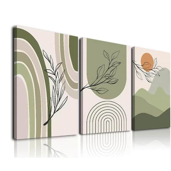 Unbranded 3-Piece 12x16 in. Unframed Sage Green Boho Wall Art Set - Geometric Leaf and Sun Canvas for Home Decor