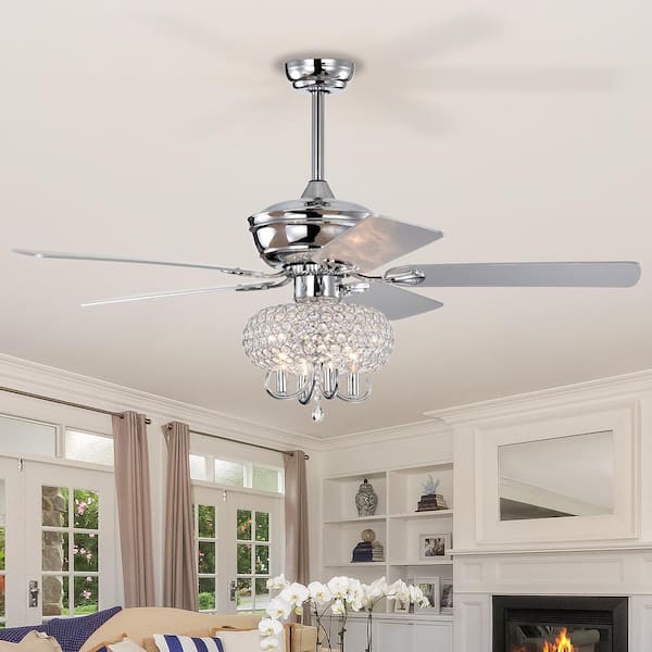 Jushua 52 in. Indoor Outdoor Crystal Ceiling Fan with Lights Fandelier Chandelier Reversible Blades Remote Control FJ P162637