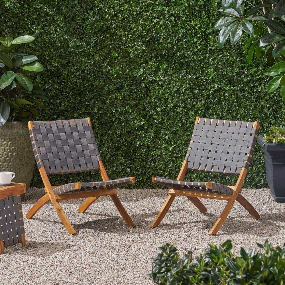 Modern Foldable Black and Brown Solid Acacia Wood Outdoor Dining Chair with Hand-Crafted Water-Resistant Strap Set of 2 price history on PriceWatchPro
