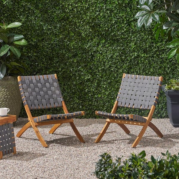Oyezvary Modern Foldable Black and Brown Solid Acacia Wood Outdoor Dining Chair with Hand-Crafted Water-Resistant Strap Set of 2