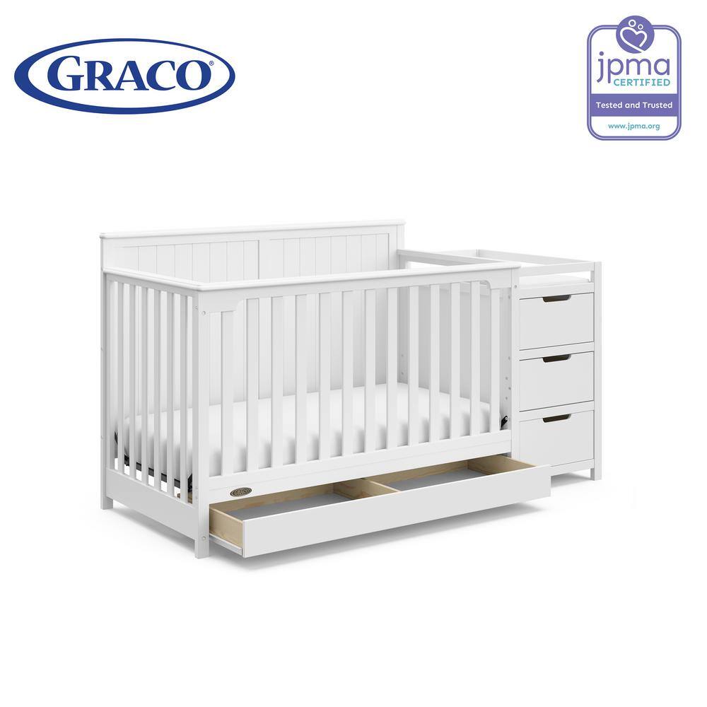 White 5-in-1 Convertible Crib and Changer with Drawer