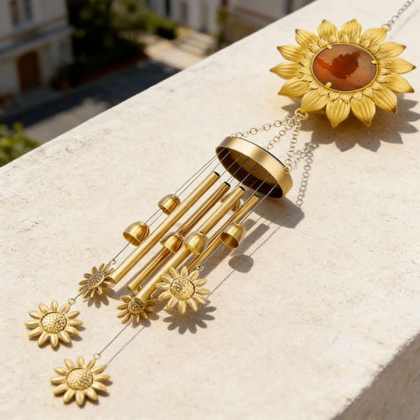 9 in. x 42 in. Metal Yellow Solar Wind Chimes with Sunflower LED
