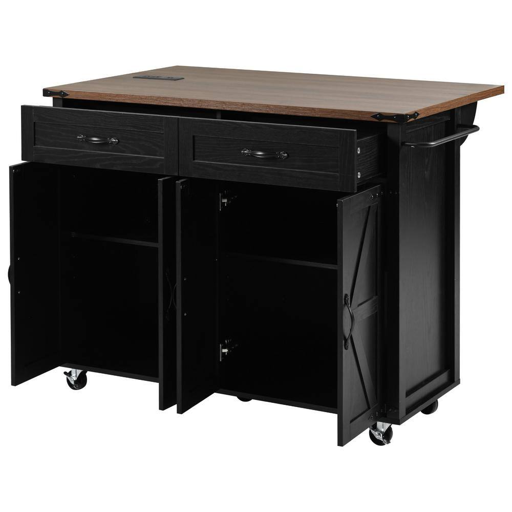 Classic Black Wood 53.5 in. Power Outlet Drop Leaf Kitchen Island Rolling Cart with Spice Rack and 2-Drawer price history on PriceWatchPro