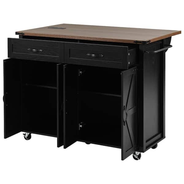 Cesicia Classic Black Wood 53.5 in. Power Outlet Drop Leaf Kitchen Island Rolling Cart with Spice Rack and 2-Drawer