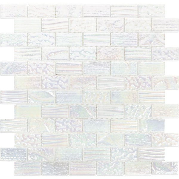 Ivy Hill Tile Marina Iridescent Bricks White 12.12 in x 12.75 in. x 8 mm Glass Mosaic Wall Tile