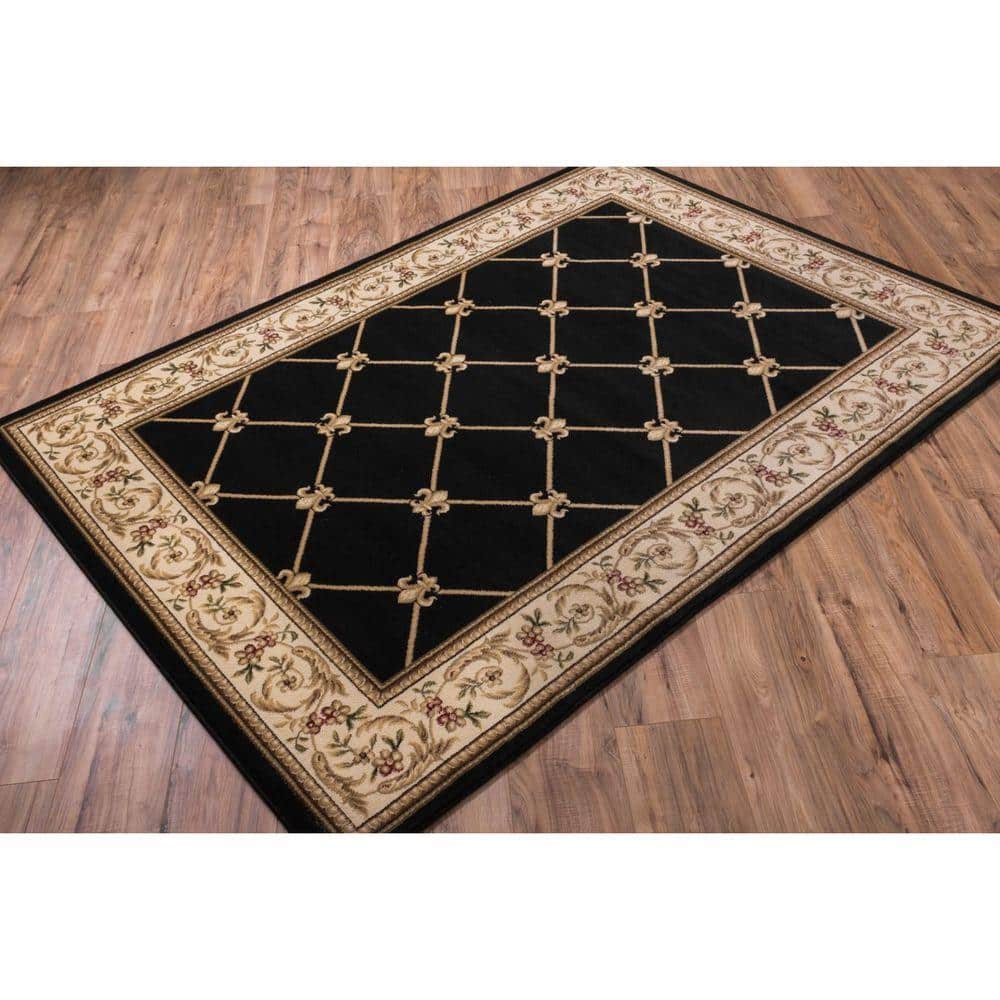 Black and Beige Floral Medallion Synthetic Area Rug