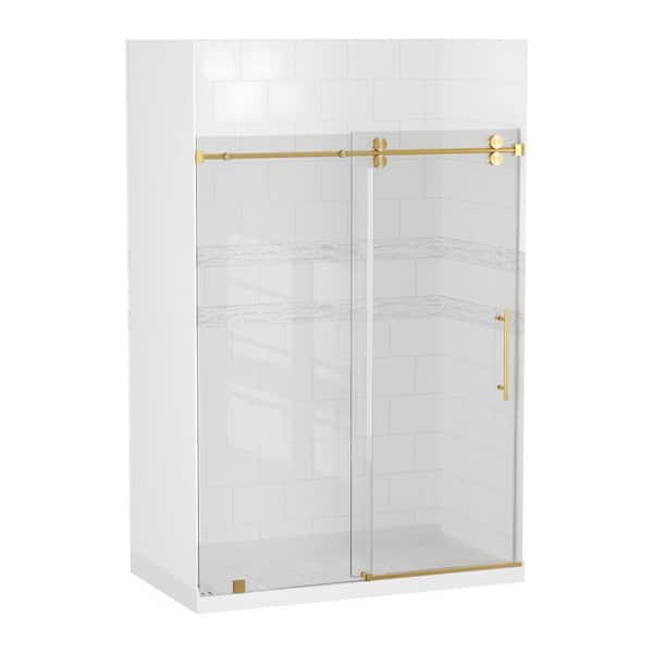 32 in. L x 60 in. W x 78 in. H Alcove Shower Stall/Kit with Sliding Door in Brushed Gold with Right Drain