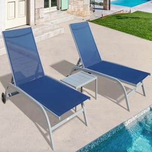2 Pieces Blue Aluminum Outdoor Patio Lounge Chair with 5-Position Adjustable Backrest and Wheels
