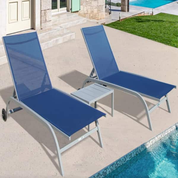 Boosicavelly 2 Pieces Blue Aluminum Outdoor Patio Lounge Chair with 5-Position Adjustable Backrest and Wheels