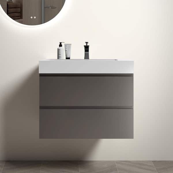 INSTER NOBLE 30 in. W x 18 in. D x 25 in. H Single Sink Floating Bath Vanity in Gray with White Solid Surface Integral Top
