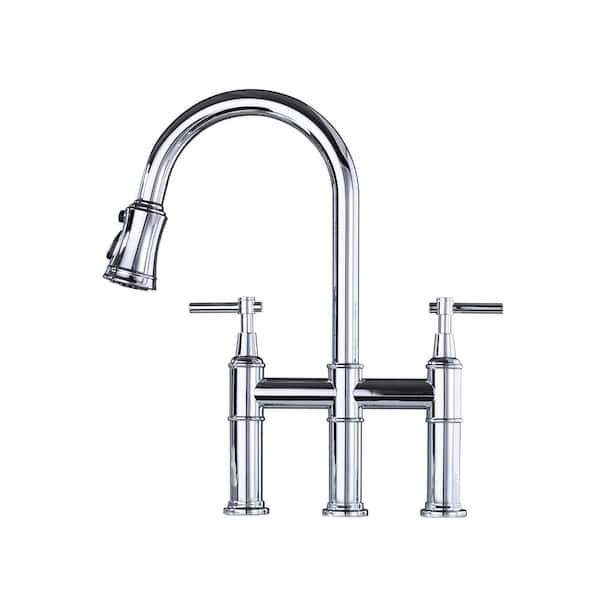 Double Handle Gooseneck Bridge Kitchen Faucet with 3-Function in Polished Chrome