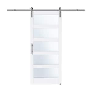 36 in. x 84 in. 5 Lite Frosted Glass White Finished MDF Sliding Barn Door with Hardware Kit Nickel-Plated and Soft Close