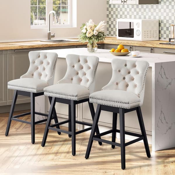Hochwertiges 29 in. Beige Velvet Upholstered Solid Wood Frame Bar Height Swivel Bar Stool with Back (Set of 3)
