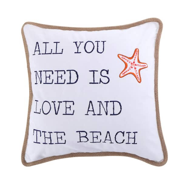 LEVTEX HOME Brighton Coral Multicolored "ALL YOU NEED IS LOVE AND THE BEACH", Starfish Embroidered 20 in. x 20 in. Throw Pillow