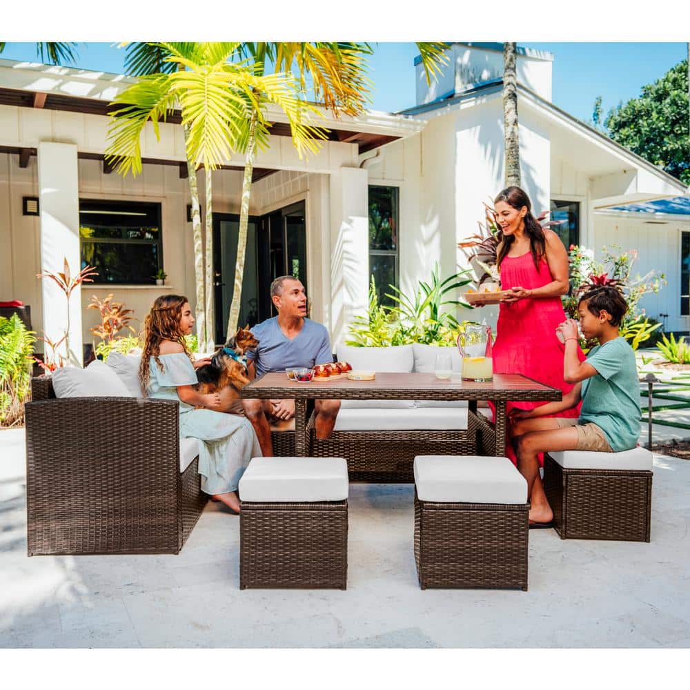 Brown Wicker 7-Piece Outdoor Dining Set with Off-White Cushions
