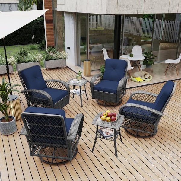 UPHA 6-Piece 360° Wicker Outdoor Rocking Chair Set with Gray Wicker with Navy Blue Cushions and Square Side Tables