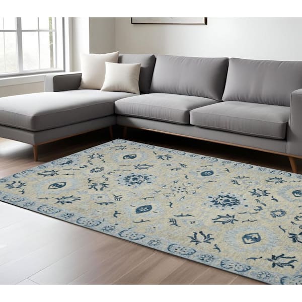 8 ft. x 10 ft. Gray Dark Blue And Light Blue Wool Floral Medallion Hand Hooked Area Rug