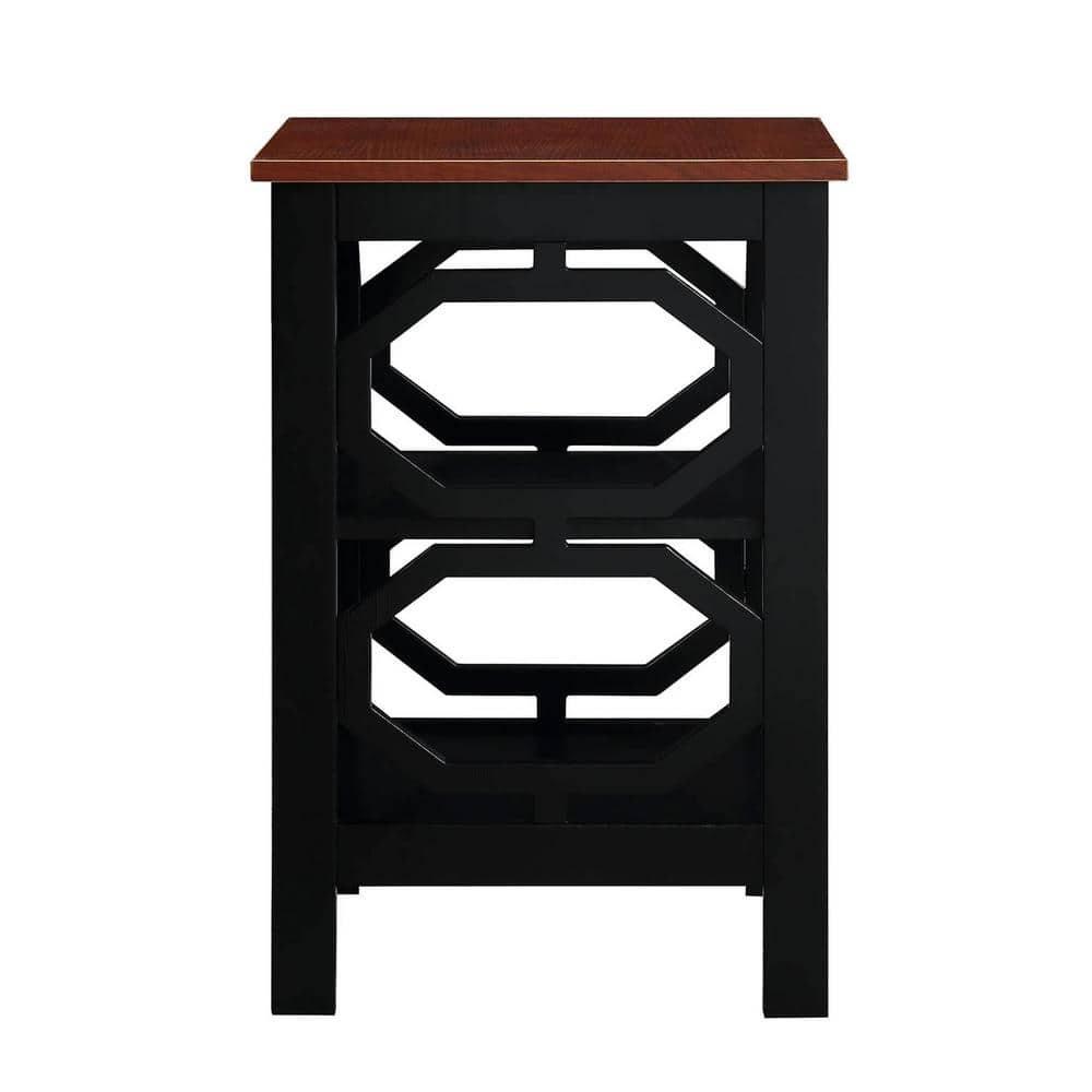 Round Cherry & Black Wood Omega End Table with Shelves