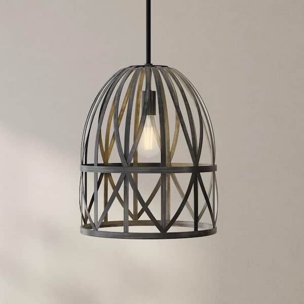 Chastain Collection 1-Light Textured Black Cerused Black Oak Basket Farmhouse Pendant Light