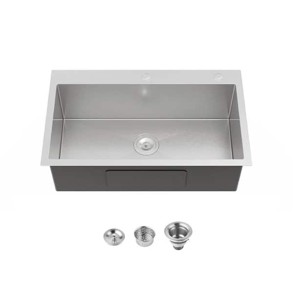 16-Gauge Gray Stainless Steel 32 in. x 19 in. Drop-In Bar Sink with Drain and Hook