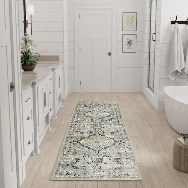 Washable Decor Blue Taupe 2 ft. x 6 ft. Center medallion Traditional Runner Area Rug