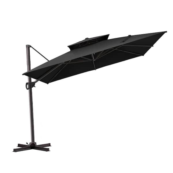Pellebant Double Top 10.5 ft. Square Aluminum Cantilever 360° Rotation Adjustable Tilt Patio Umbrella in Black with No Base