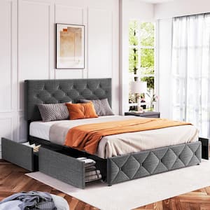Upholstered Gray Steel Frame Queen Size Platform Bed with Wood Slat, Headboard and 4-Drawers