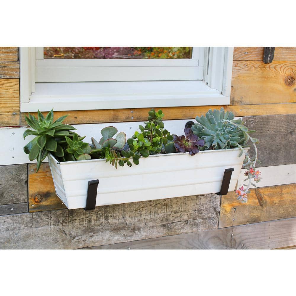 Small White Galvanized Flower Box with Black Brackets