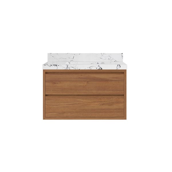 Willow Collections Madison Float 36 in. W x 22 in. D x 36 in. H Bathroom Vanity Center Sink in Dark Natural with 2 in. Viola Night Qt. Top