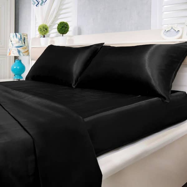 Luxury Home 4-Piece Black Solid Satin Microfiber King Ultra Soft Sheet Set
