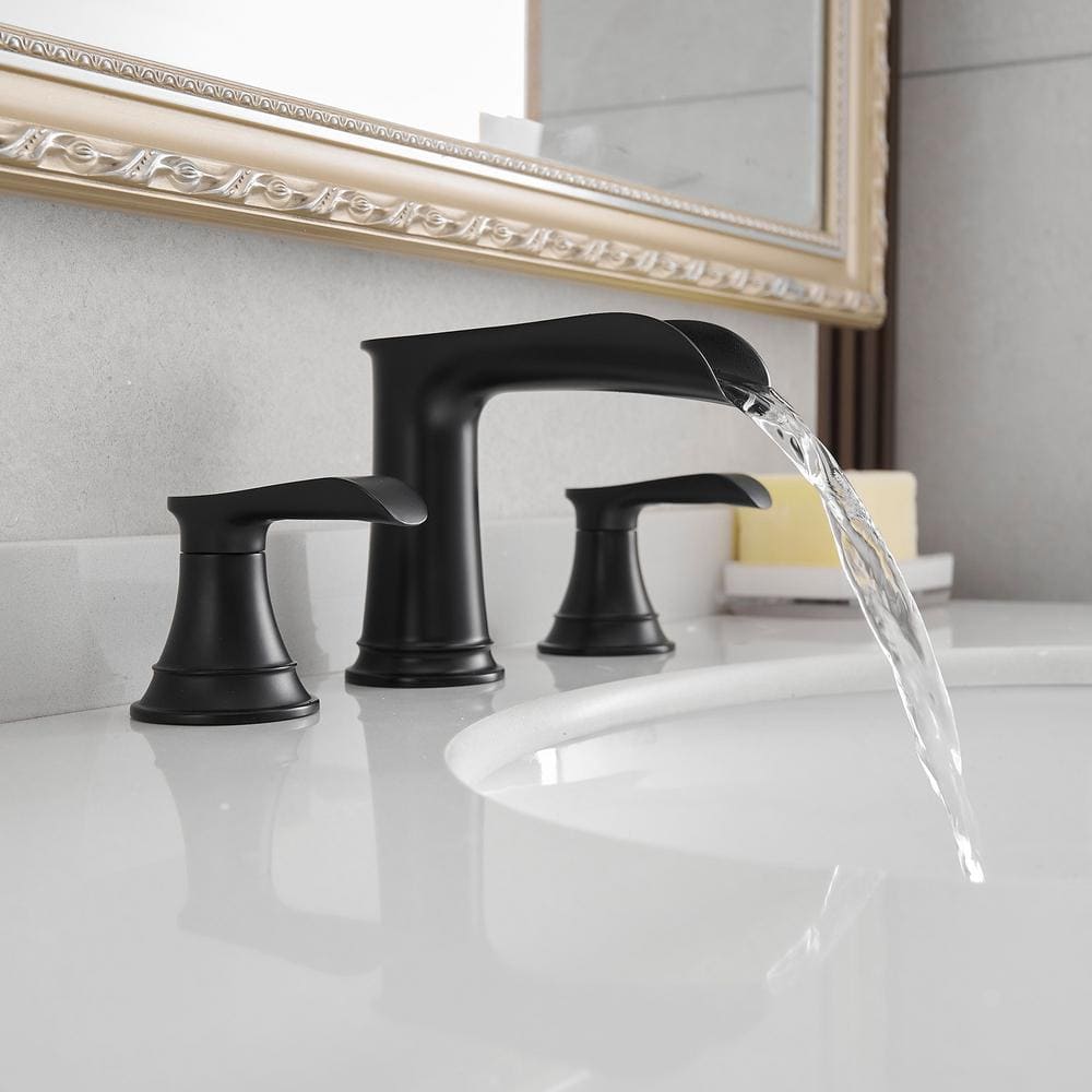 Matte Black Brass 8-Inch Widespread Waterfall Bathroom Faucet