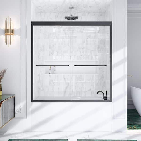 60 in. W x 60 in. H Double Sliding Framed Tub Door in Matte Black with SGCC 1/4 in. (6 mm) Tempered Clear Glass