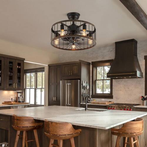 20 in. Indoor Black Modern Farmhouse Ceiling Fan with Light, Drum Cage Ceiling Fan with Remote for Bedroom Lighting