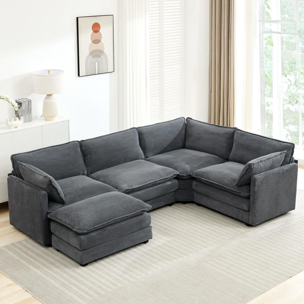 113.4 in. W 5-Piece Modern Corduroy Fabric Sectional Sofa with Ottoman in Dark Gray