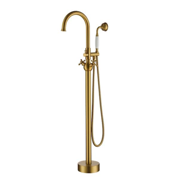 cadeninc 2-Handle Freestanding Floor Mounted Tub Faucet with Handheld Showerhead in Gold