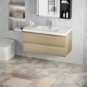 42 in. W Floating Bathroom Vanity in Natural Oak with White Resin Top Basin, Soft Close Drawers