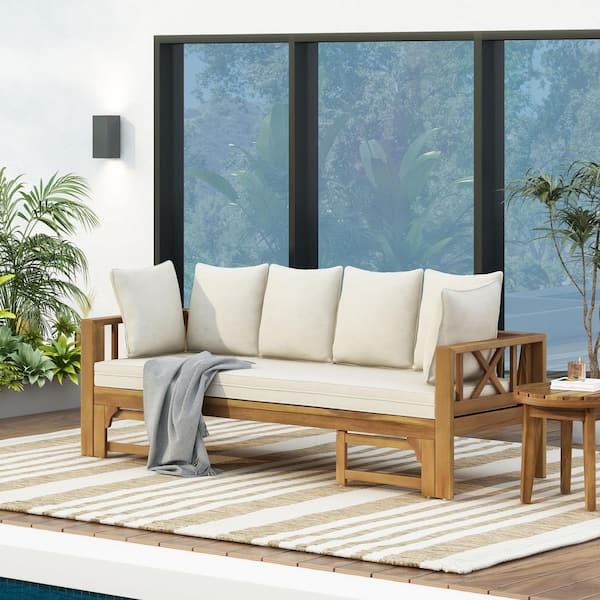 Unbranded 78.50 in. Teak Outdoor Long Bench Sofa Day Bed with White Cushions