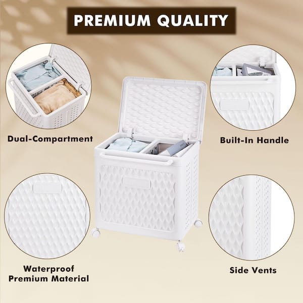 Rolling Laundry Hamper with Lid and Wheels-Dual Compartment, Foldable Plastic Basket for Easy Carry White (80 L)19.3 in.