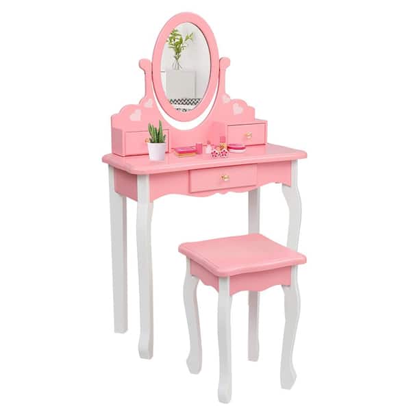 Details about   Makeup Vanity Table Set W/ 3 Drawers Oval Mirror Girls Kids Dressing Table Rose 