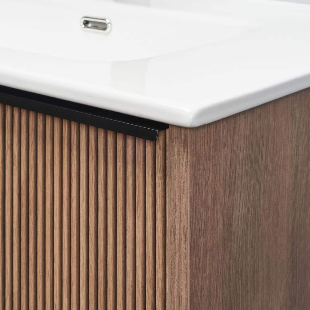 Demeter Medium Brown MDF Wall Mounted Vanity with White Ceramic Sink