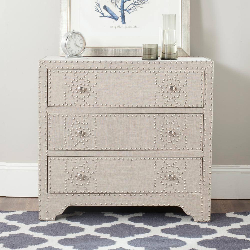 Transitional Gray 32" Fir Wood 3-Drawer Chest with Silver Nailheads