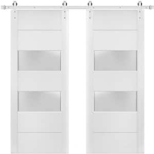 4010 36 in. x 80 in. 2 Lite Frosted Glass White Finished Pine Wood Sliding Barn Door with Hardware Kit