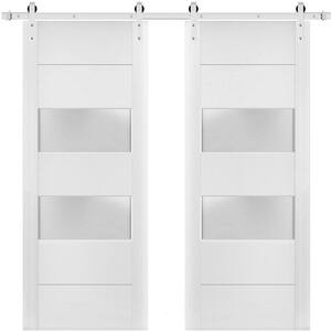 4010 56 in. x 84 in. 2-Lite Frosted Glass White Finished Pine Wood Sliding Barn Door with Hardware Kit