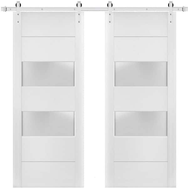 Sartodoors 4010 60 in. x 80 in. 2-Lite Frosted Glass White Finished Pine Wood Sliding Barn Door with Hardware Kit