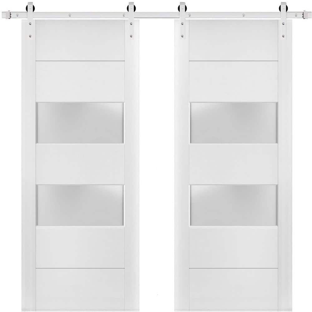 Assemble Required 4010 64 in. x 96 in. 2-Lite Frosted Glass White Finished Pine Wood Sliding Barn Door with Hardware Kit price history on PriceWatchPro