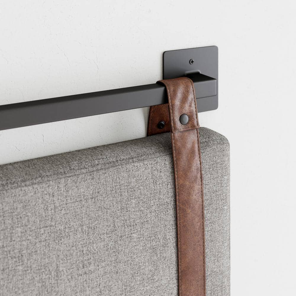 Gray Upholstered King Wall Mount Headboard with Leather Straps