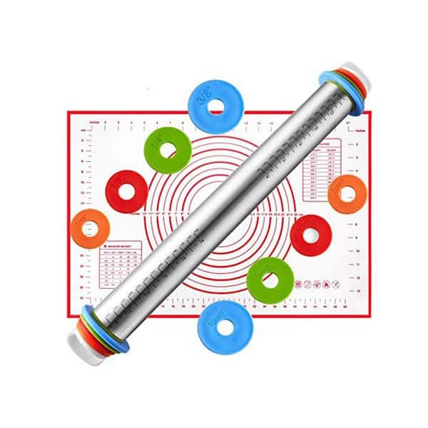 17 Inch Stainless Steel Satin Finish Rolling Pin and Silicone Baking Pastry Mat Set with Adjustable Thickness Rings