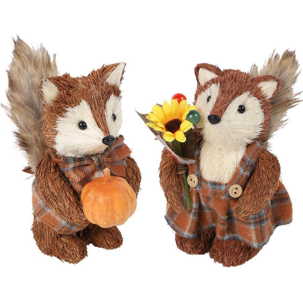 2-Pack 5.5 in. Brown Resin Fall Fox Decor: Handmade Sisal Foxes