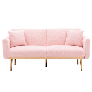 63.77 in Wide Light Pink Teddy Fabric Upholstered 2-Seater Convertible Sofa Bed with Golden Metal Legs